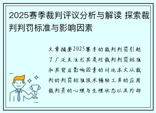 2025赛季裁判评议分析与解读 探索裁判判罚标准与影响因素